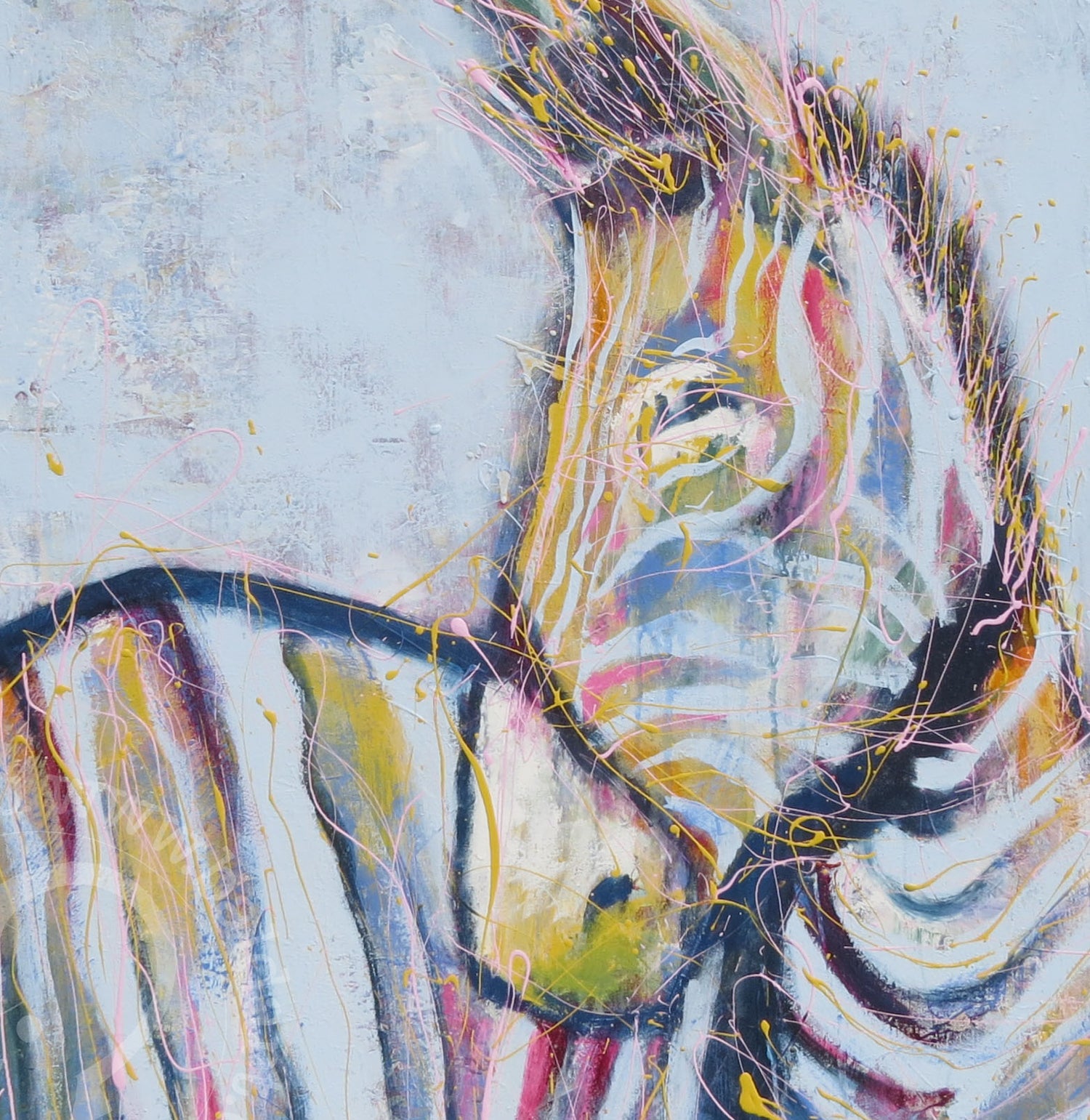 Contemporary abstract artwork featuring a zebra, with a vibrant mix of colors on a blue background.