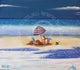 A painting of a beach scene with a person standing on the beach with a striped umbrella and a green frog standing on a surfboard in the foreground.