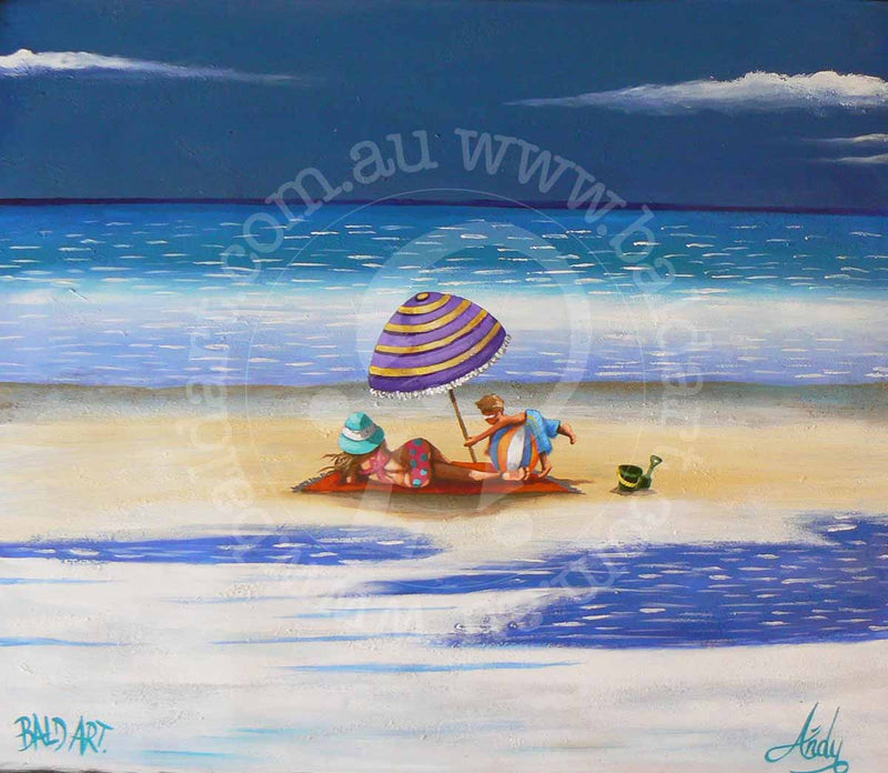 A painting of a beach scene with a person standing on the beach with a striped umbrella and a green frog standing on a surfboard in the foreground.