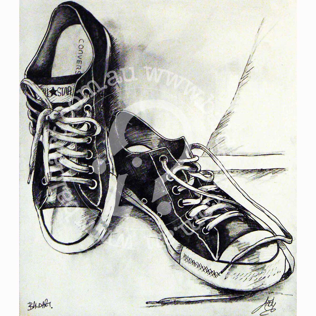 Graphite pencil study of classic high-top sneakers on canvas, titled 'All Stars,' featuring detailed textures and worn creases.