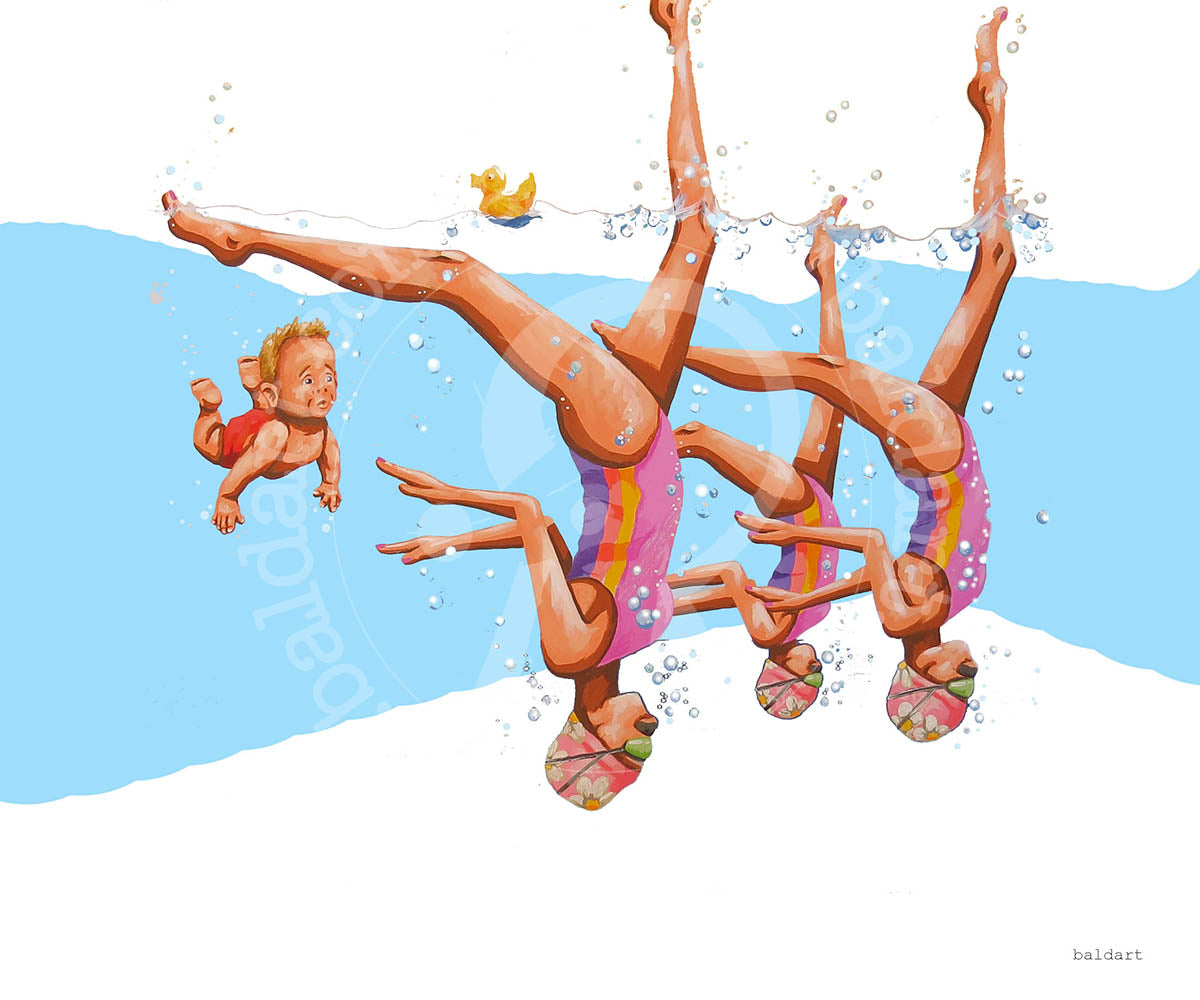 Baby WTF? funny pop art canvas showing a surreal scene of synchronized swimmers and a confused baby in comic style.