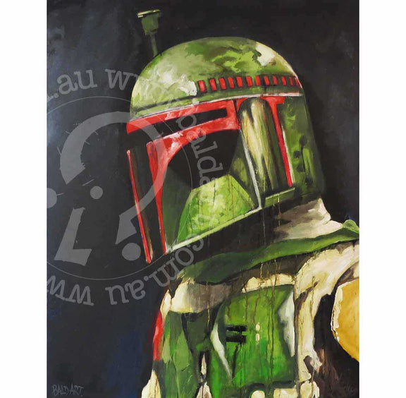 Bounty hunter helmet art canvas featuring a rugged sci-fi helmet with drip textures, T-shaped visor, and space outlaw design