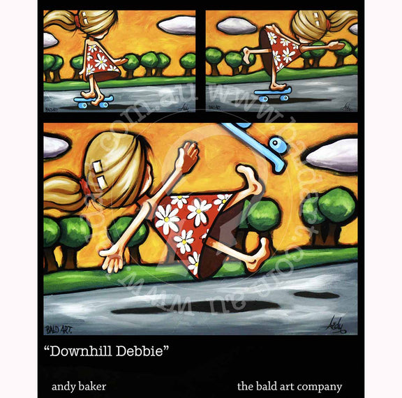 Debbie's Story pop art storytelling canvas showing a skateboarder sequence from riding to falling in overlapping comic style.