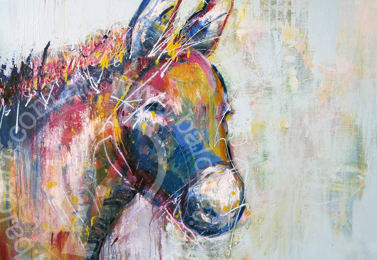 Donkey contemporary animal art print; abstract donkey silhouette on canvas with bold textures and modern paint drips.