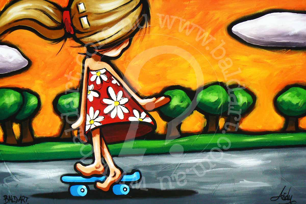 Downhill Debbie #1 skateboarding wall art featuring a carefree female skater in vibrant pop art colors and bold lines.