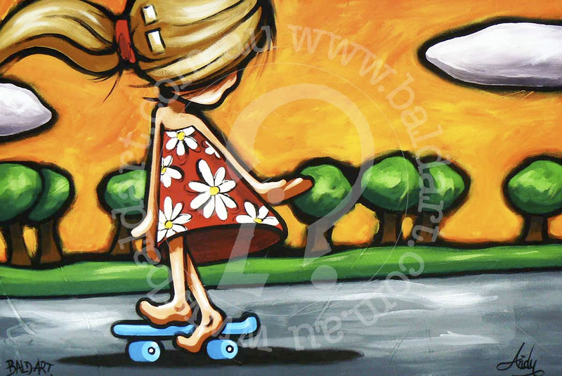 Downhill Debbie #1 skateboarding wall art featuring a carefree female skater in vibrant pop art colors and bold lines.