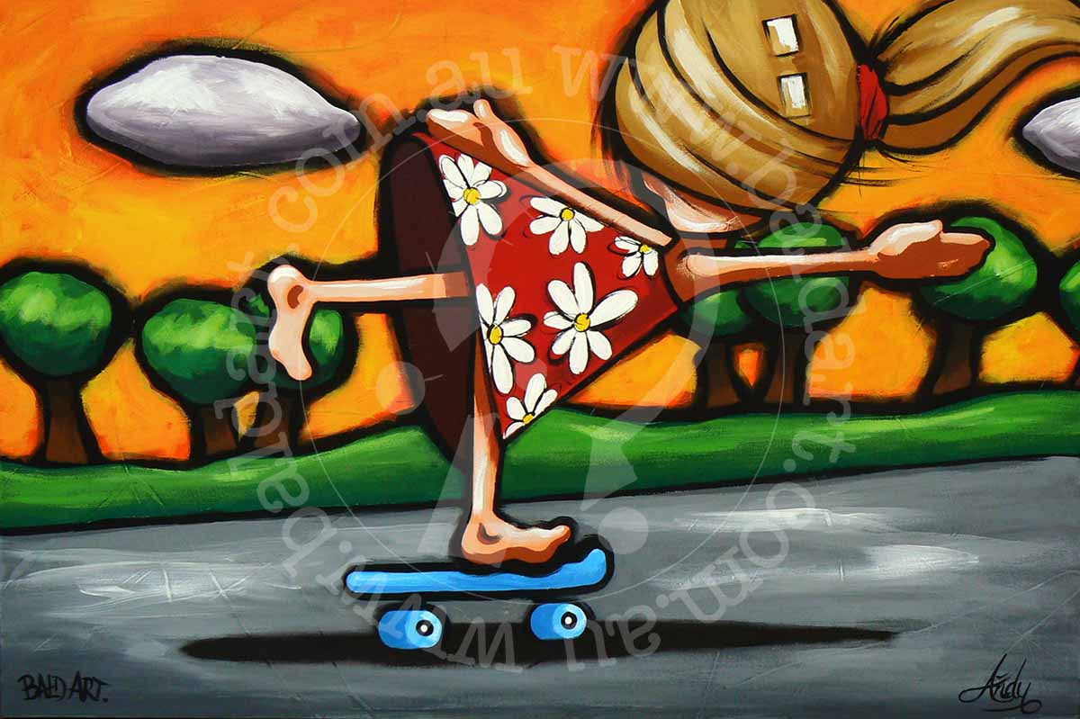 Downhill Debbie #2 pop art canvas showing a female skater mid-wipeout with a flying skateboard in colorful comic style.