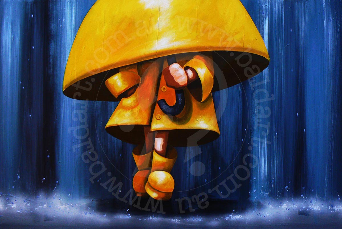 Downpour Debbie expressive weather artwork; rain-inspired blue abstract art on canvas with vertical paint drips.