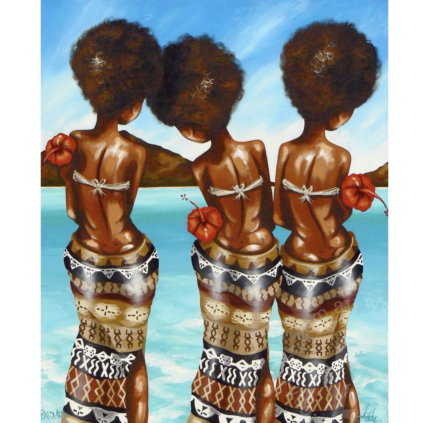 Fiji village celebration art with three friends wearing hibiscus flowers watching the ocean.