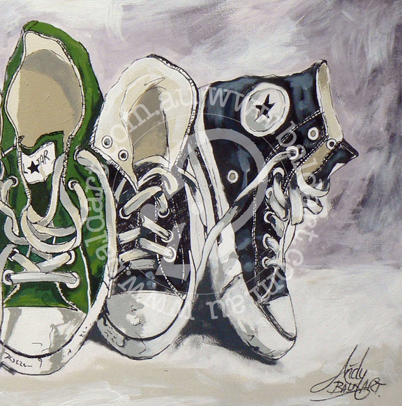 Green sneaker pop art canvas with a forest-green sneaker among black shoes.