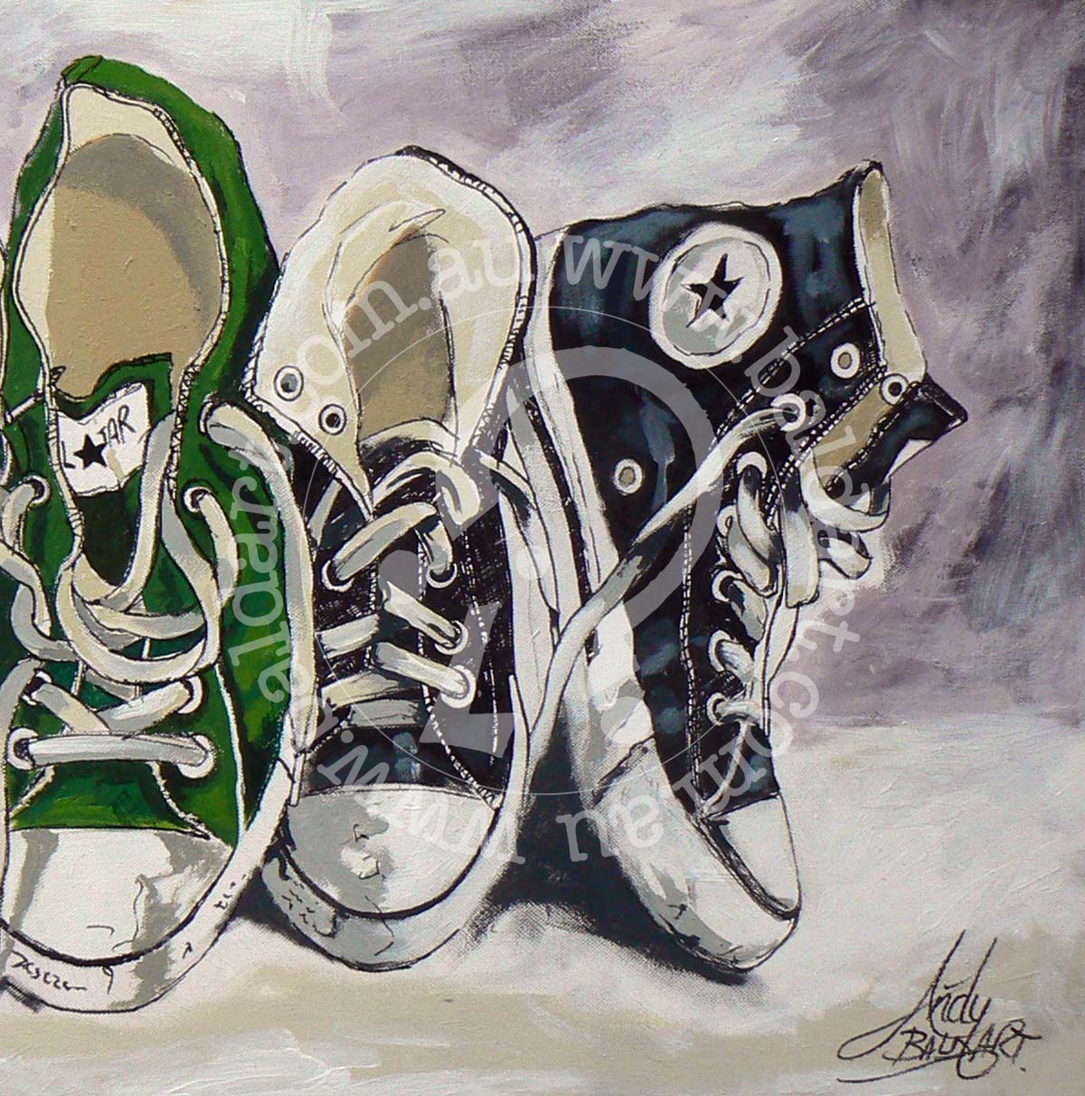 Green sneaker pop art canvas with a forest-green sneaker among black shoes.