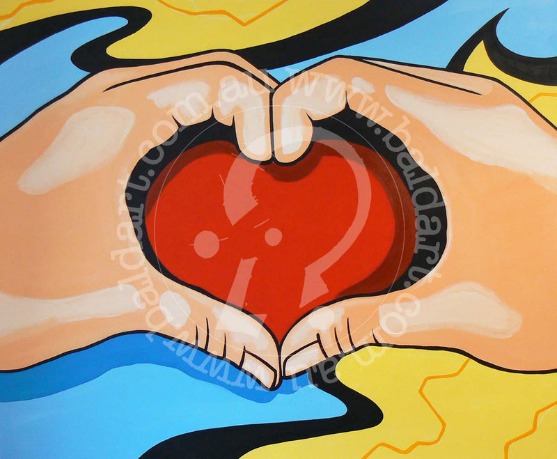 Hands Love artwork featuring two hands forming a heart shape in a bold heavy-ink pop art style with primary colors.