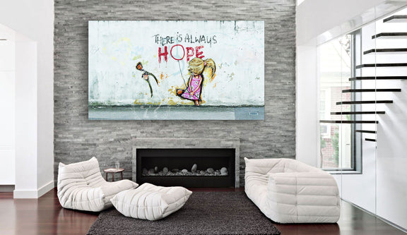 A girl in a painting holds a sign that says "Hope," symbolizing positivity and encouragement in challenging times.