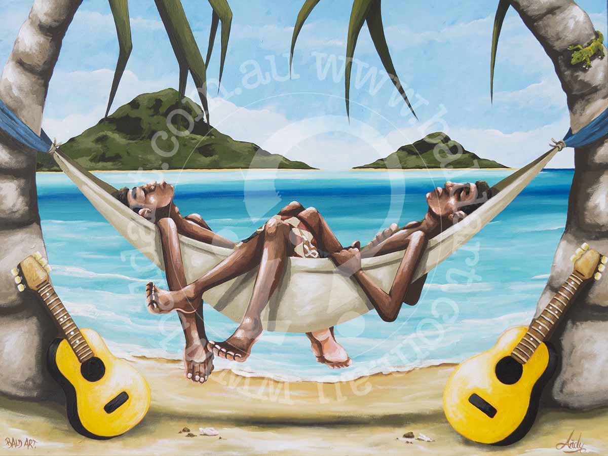 Two friends sitting on a curved palm tree over turquoise water playing guitars in Fiji: Fiji Time culture art print.