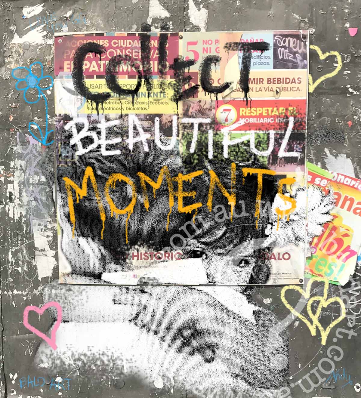 Inspirational lifestyle art on canvas Collect Beautiful Moments featuring a positive quote print with bold typography and textured paint drips.