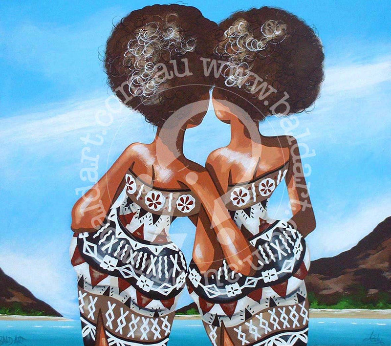 Peaceful island life art on canvas titled 'Island Whispers' depicting friends sharing a quiet conversation by the Pacific shore in traditional Fiji attire.