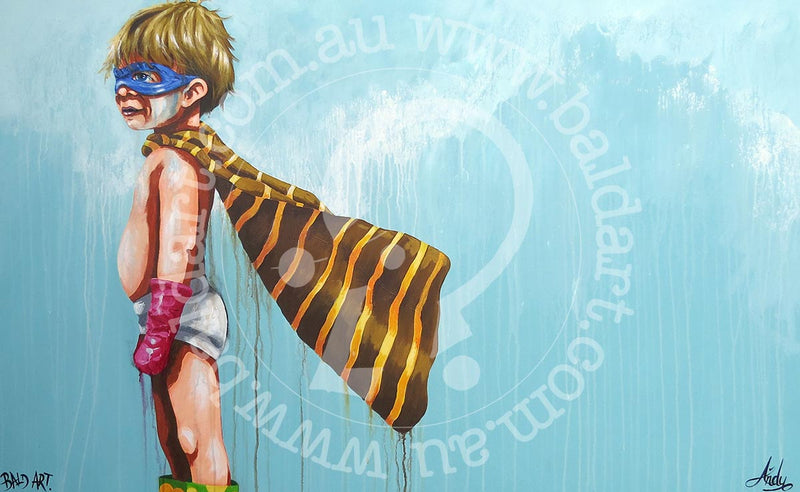 Kids imagination art of a young girl in a yellow cape and blue mask with nature-inspired textures and teal tones.