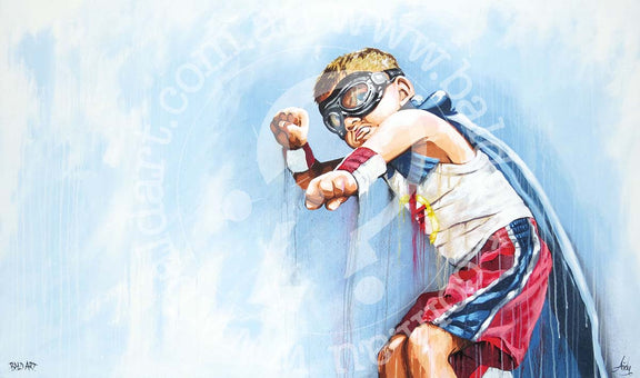 Kids superhero art of a confident child in goggles and a red towel cape with a gritty, textured paint finish.