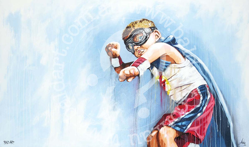 Kids superhero art of a confident child in goggles and a red towel cape with a gritty, textured paint finish.