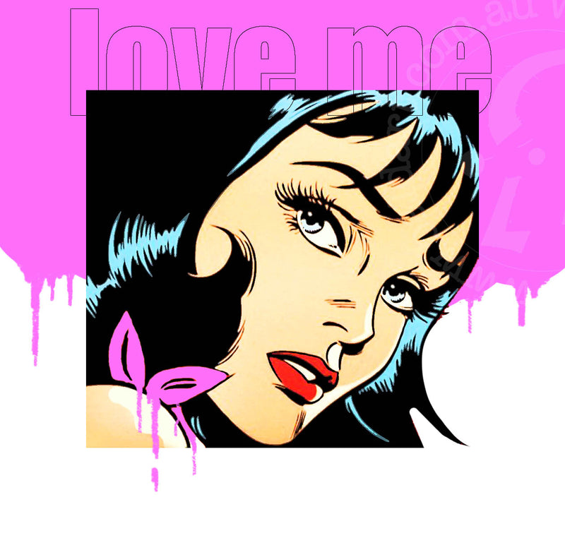 Love Me Please pop art canvas featuring a bold comic-style character against a dripping pink background.