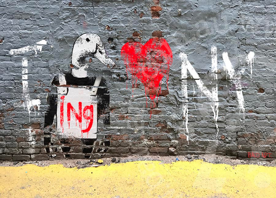 NYC street art print on canvas I Ducking Love NY featuring New York graffiti art with bold humor and textured paint drips.