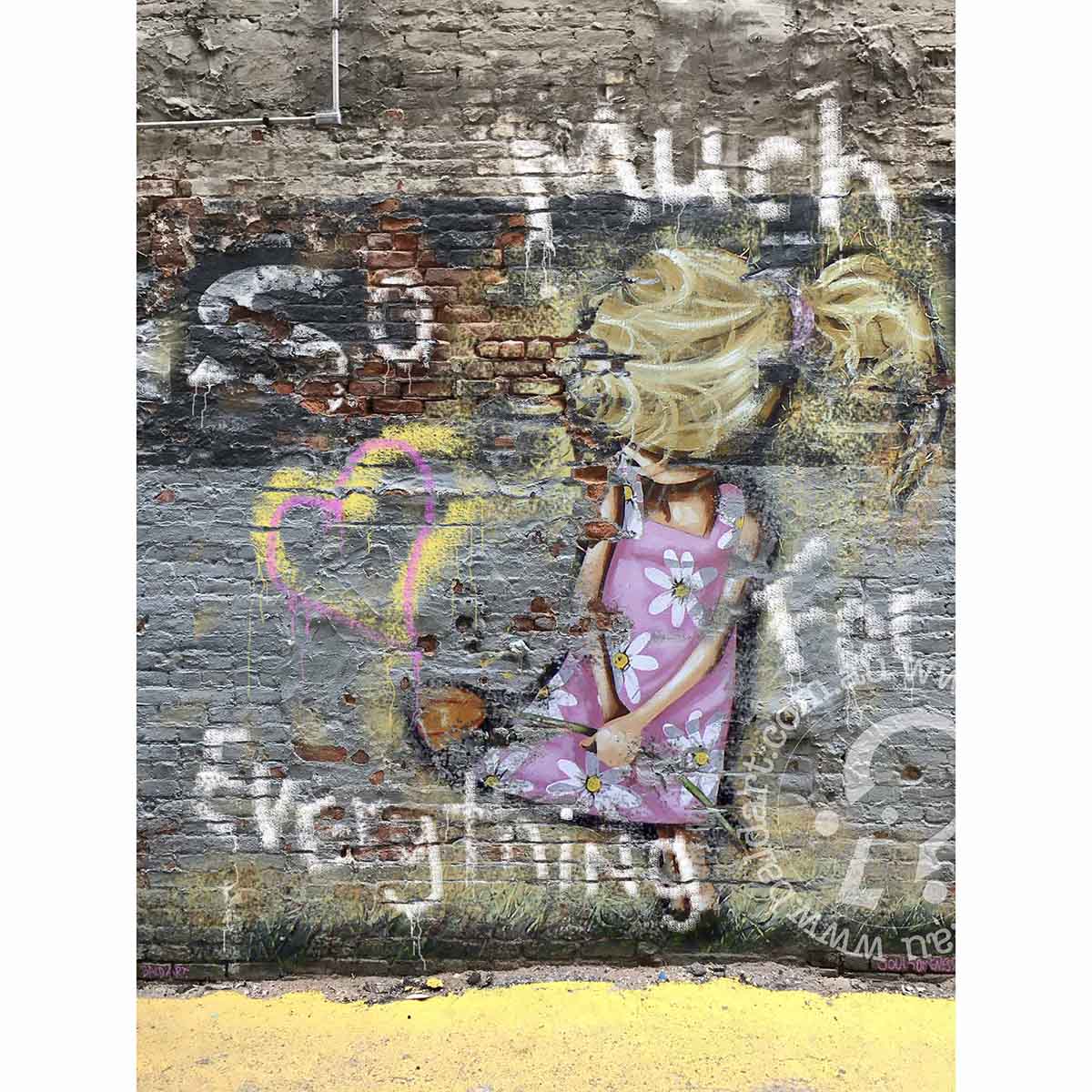 Positive message wall art on canvas So Much Love for Everything featuring feel-good graffiti with vibrant colors and textured paint drips.