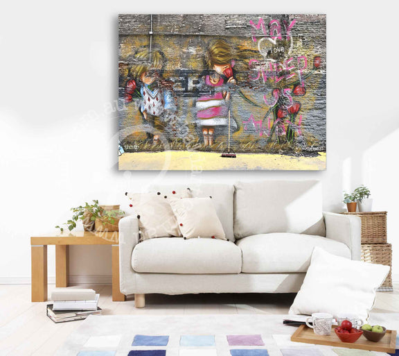 A cozy living room featuring a couch and a colorful painting hanging on the wall.