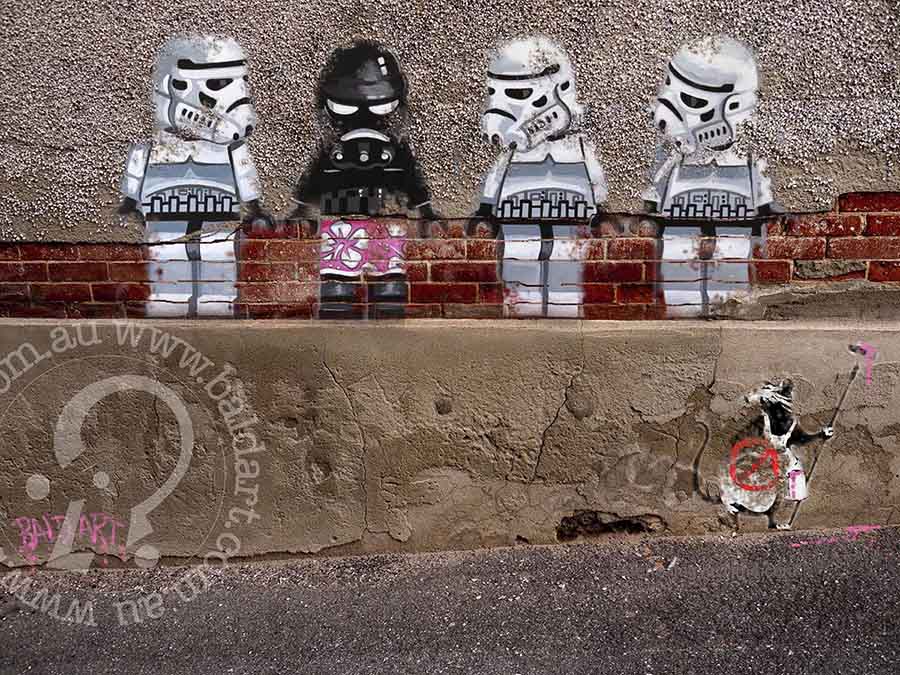 Quirky street art print on canvas, The Troopers Were Concerned, featuring humorous graffiti art with playful characters and textured paint drips.