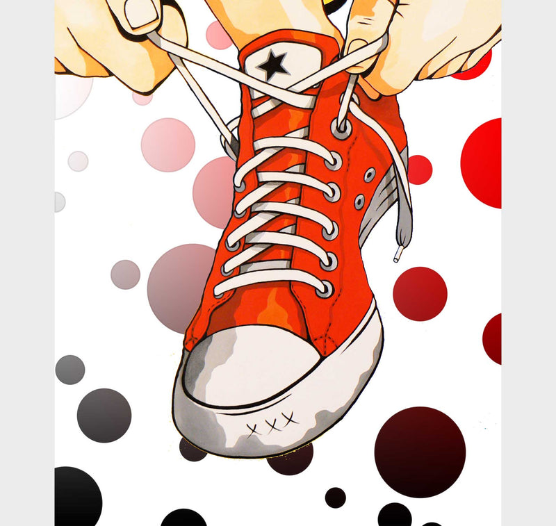 Red sneaker artwork canvas titled 'Red Shoe Spot,' featuring a crisp red high-top silhouette against a soft, blurred background.