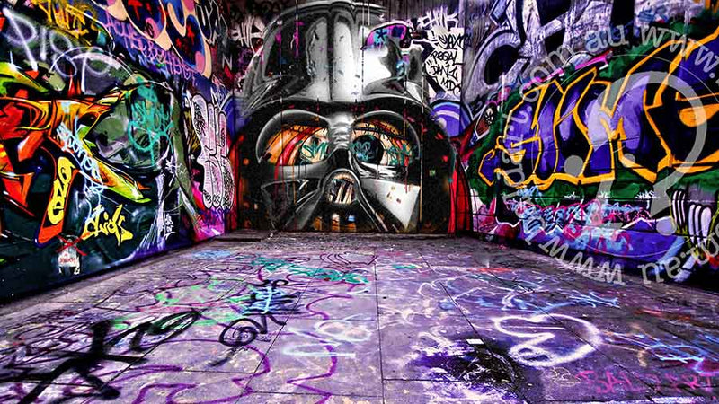 Sci-fi street art print on canvas Jedi Alley featuring urban stencil art with cinematic lighting and textured paint drips.