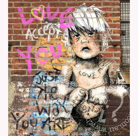 Self love wall art print on canvas Love Accepts You featuring inclusive art with bold typography and textured paint drips.