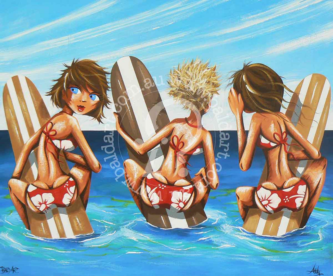 beach surf art limited edition canvas print by andy baker of the bald art company