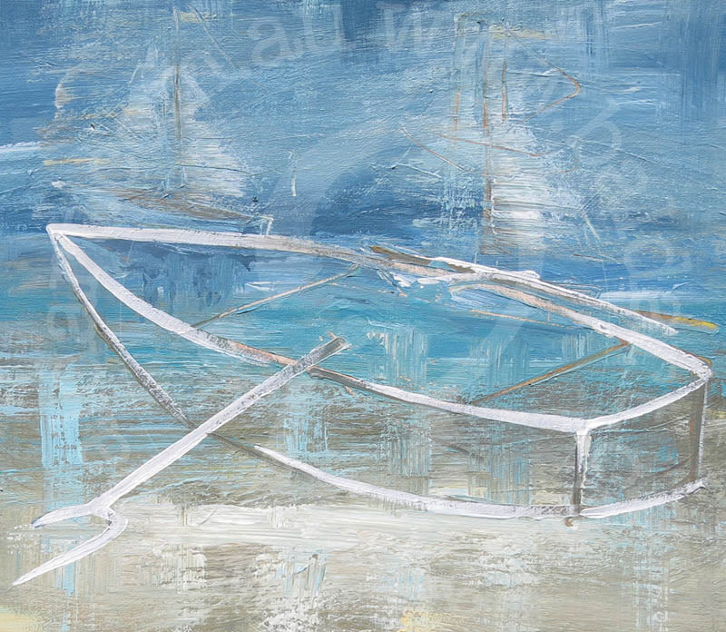 Solo Row minimalist lifestyle artwork; calm rowing scene art on canvas with a single silhouette and textured drips.