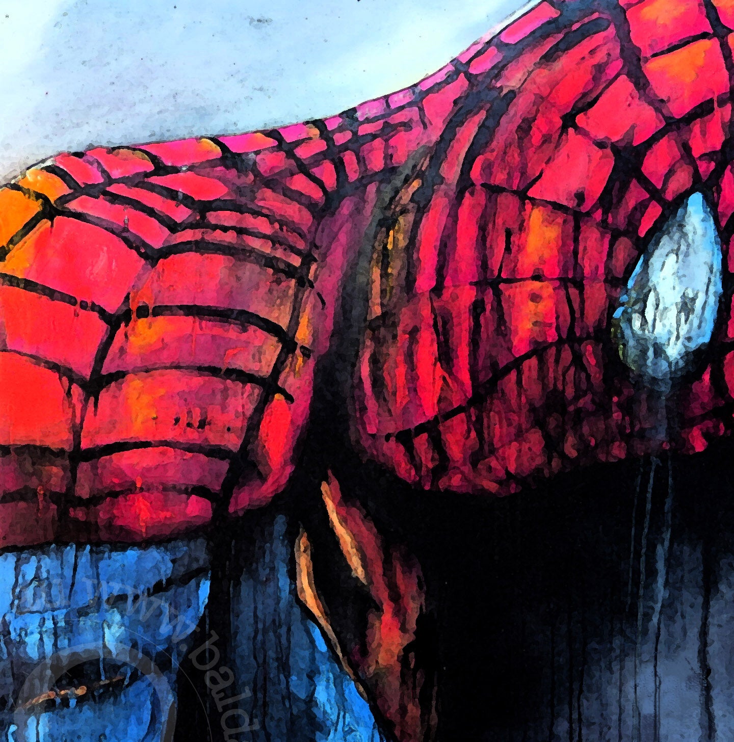 Spidey pop culture superhero artwork; comic-inspired silhouette art on canvas with modern textured paint drips.