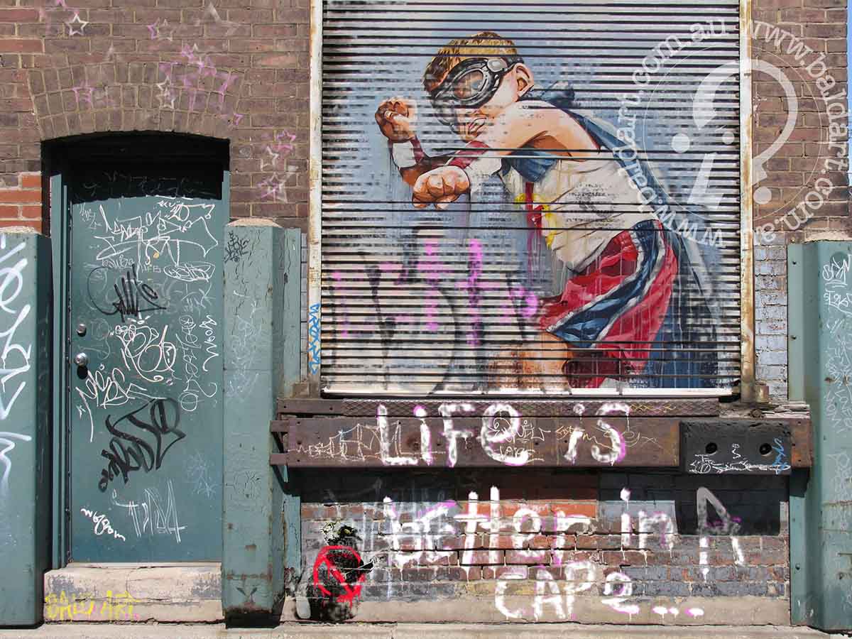 Superhero wall art print on canvas Life is Better in a Cape featuring playful street art with bold design and textured paint drips.