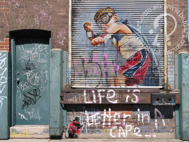 Superhero wall art print on canvas Life is Better in a Cape featuring playful street art with bold design and textured paint drips.