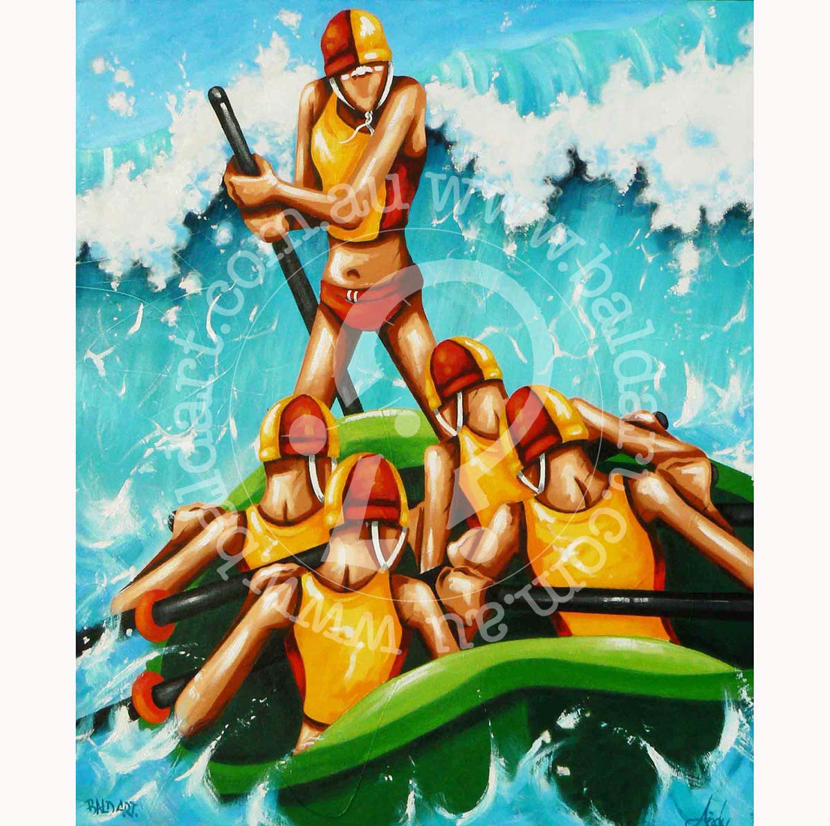 Synchronized surf boat crew rowing through a rising turquoise wave, ocean rescue wall decor.