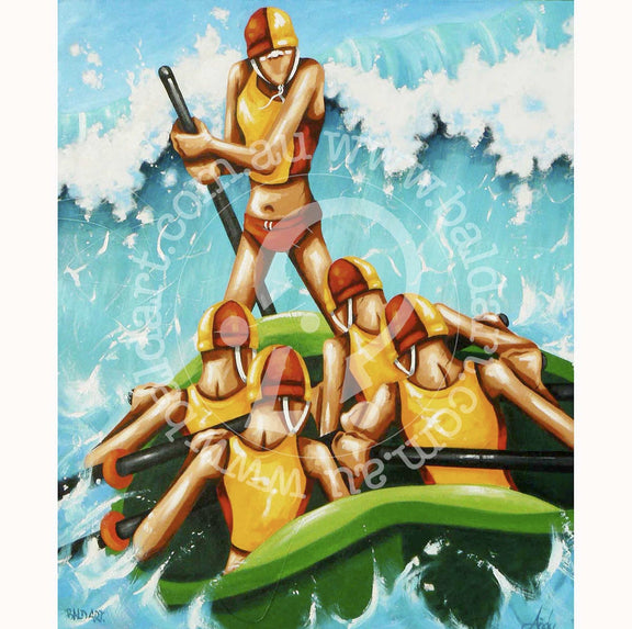 Synchronized surf boat crew rowing through a rising turquoise wave, ocean rescue wall decor.