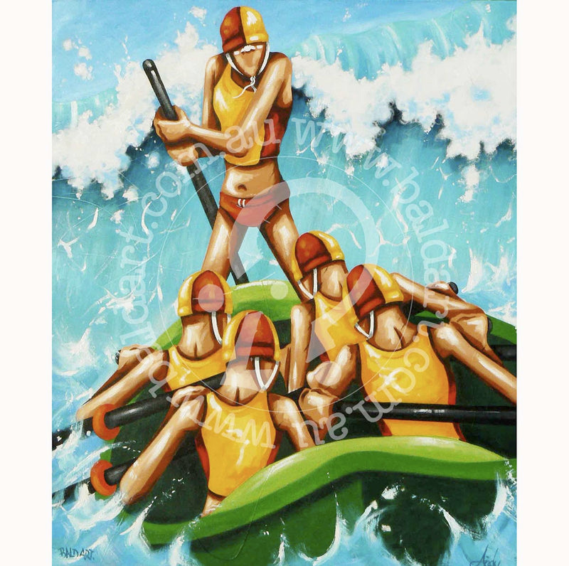 Synchronized surf boat crew rowing through a rising turquoise wave, ocean rescue wall decor.
