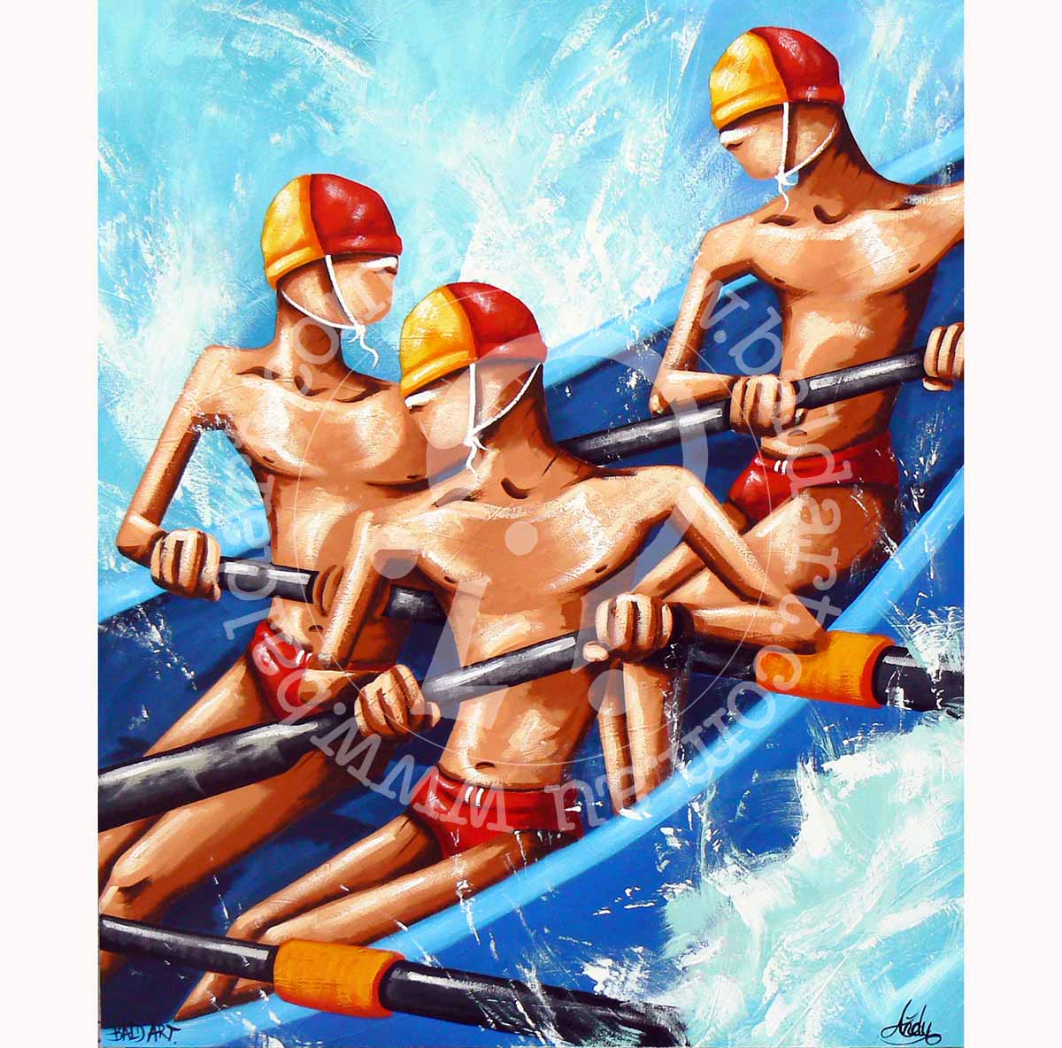 Lifesavers in orange and yellow caps rowing through heavy ocean waves, surf boat rowing decor.