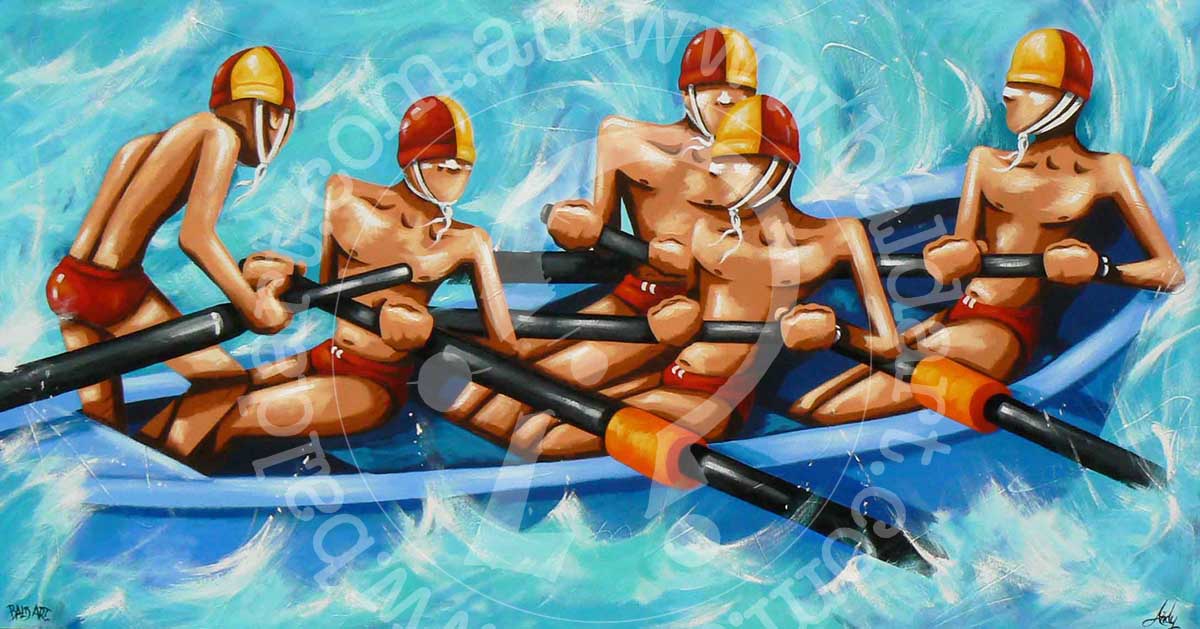 Surf boat wave wall art showing a lifesaving crew in red and yellow caps pushing through a powerful ocean wave and whitewater