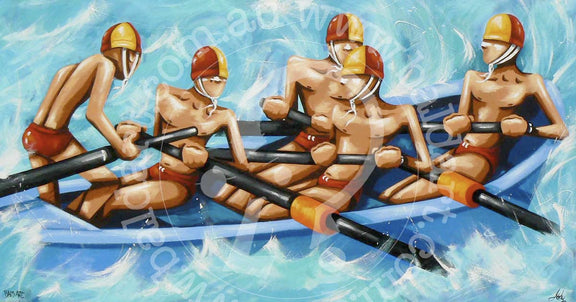 Surf boat wave wall art showing a lifesaving crew in red and yellow caps pushing through a powerful ocean wave and whitewater