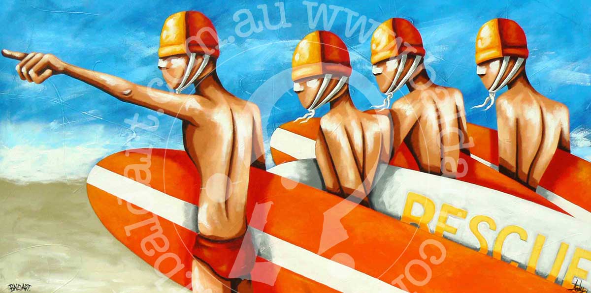 Surf lifesaving art print of lifesavers in orange and yellow caps carrying rescue boards on a sunny beach.
