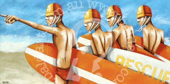 Surf lifesaving art print of lifesavers in orange and yellow caps carrying rescue boards on a sunny beach.