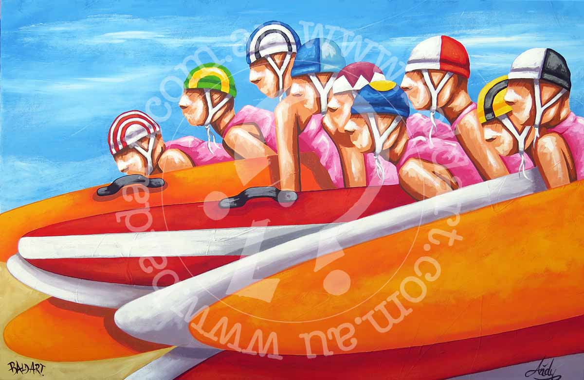 Surf boat crew launching an orange boat through heavy shore break, beach race action art.