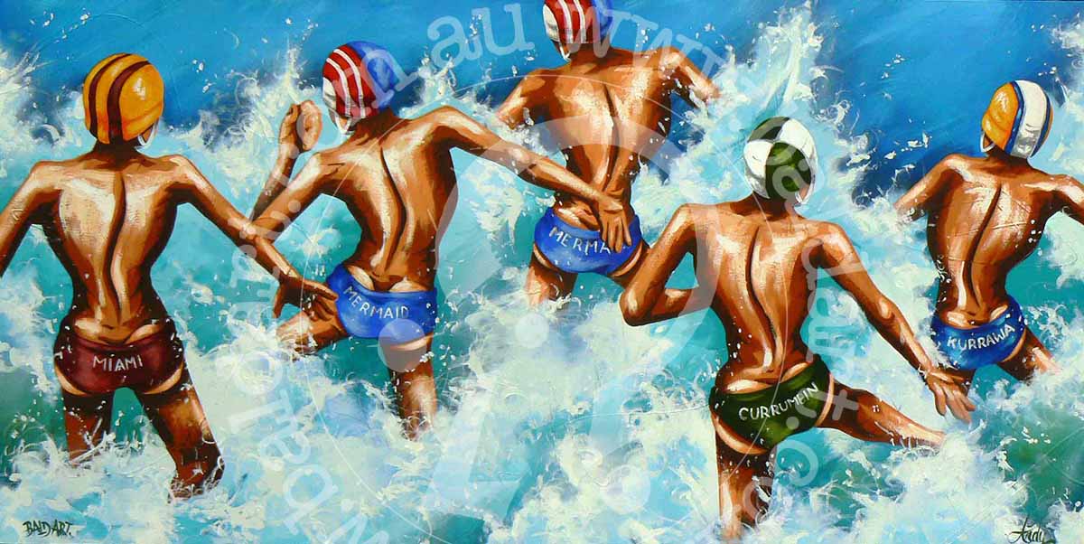 Lifesavers in colorful caps diving into ocean whitewash, Catch Me at the Can surf lifesaving canvas art.