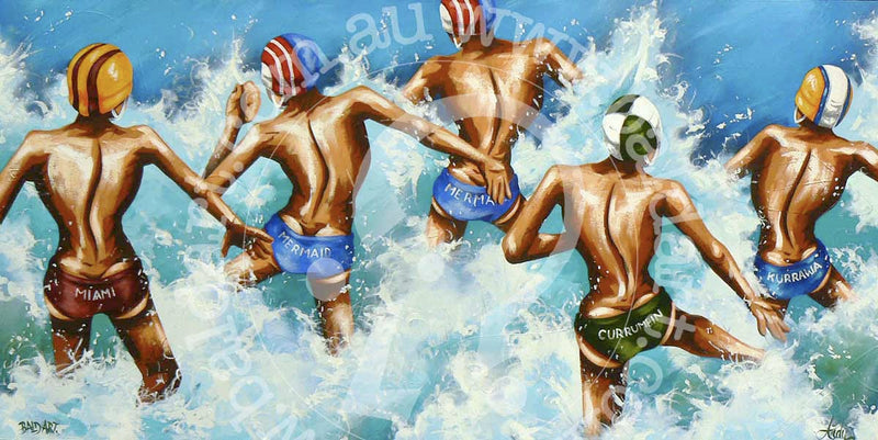 Lifesavers in colorful caps diving into ocean whitewash, Catch Me at the Can surf lifesaving canvas art.