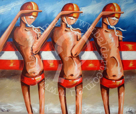 Surf patrol artwork showing three lifesavers in red and yellow caps with white zinc scanning the beach during patrol