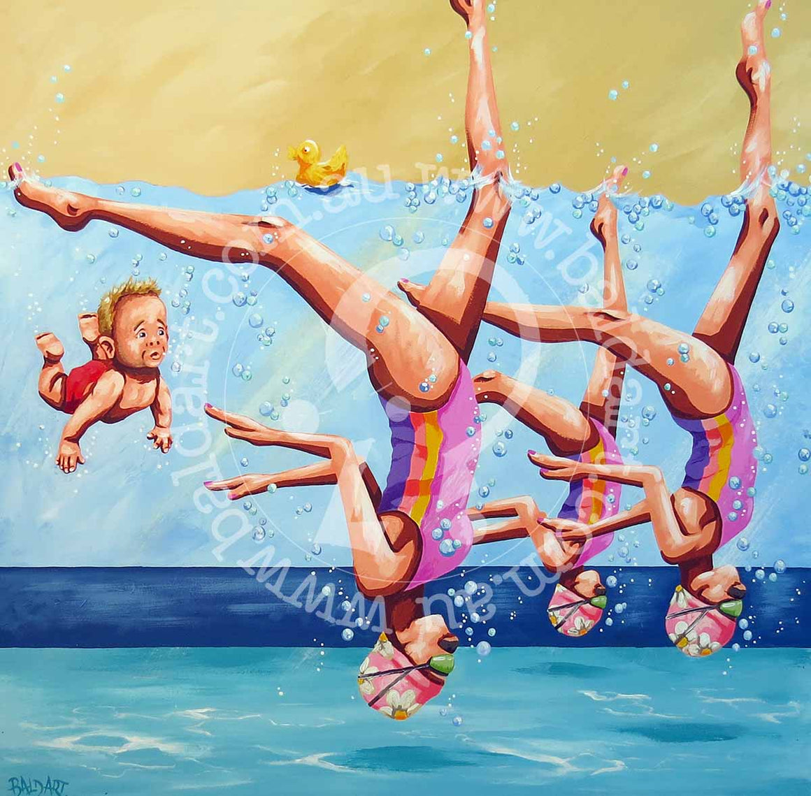 swim for your life series artwork by andy baker of bald art