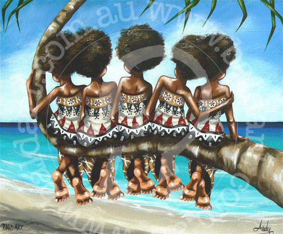 Tropical friendship art with a group sitting on a leaning palm tree above a beach